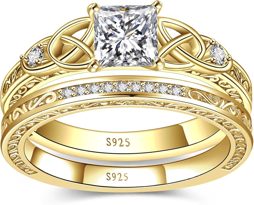 Vintage Celtic Knot Women's Engagement Ring Sets 925 Sterling Silver/14K Gold Plated Stackable Wedding Bands Rings AAAAA Cubic Zirconia Women Bridal Sets Wedding Ring Band Width 1.8mm Size 5-9