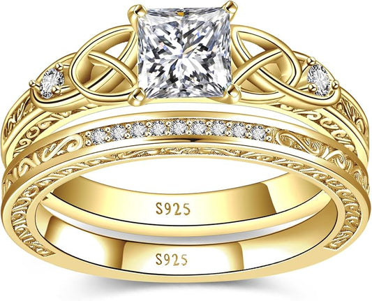 Vintage Celtic Knot Women's Engagement Ring Sets 925 Sterling Silver/14K Gold Plated Stackable Wedding Bands Rings AAAAA Cubic Zirconia Women Bridal Sets Wedding Ring Band Width 1.8mm Size 5-9