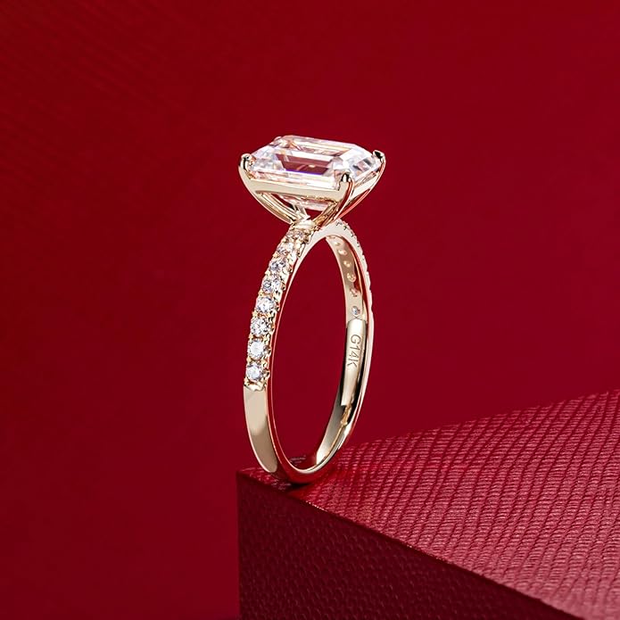 14K Solid Gold Side Stones Ring, Round/Princess Cut Centerpiece Moissanite Lab Grown Created Diamond, D Color and Flawless Real Gold Wedding Anniversary Ring