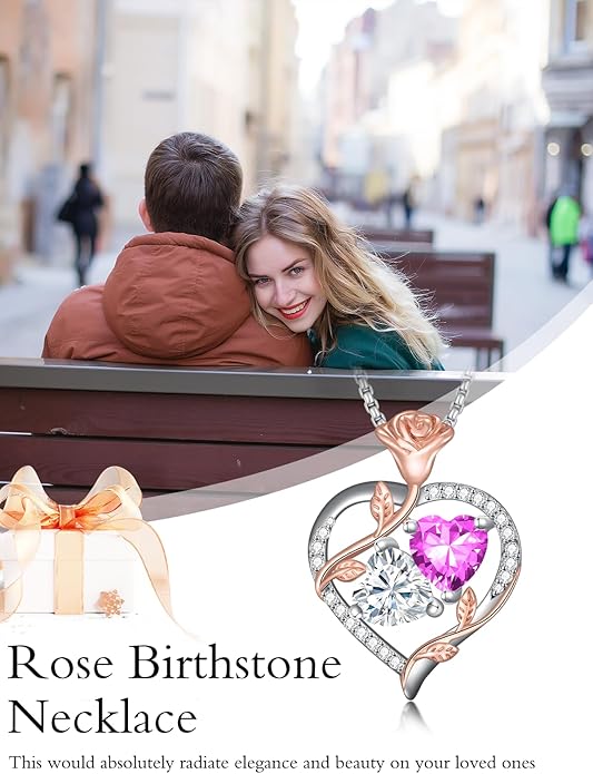 Jewelry for Her Double Heart Rose Birthstone Pendant Necklace Anniversary Jewelry Christmas Birthday Gifts for Women Wife Girlfriend