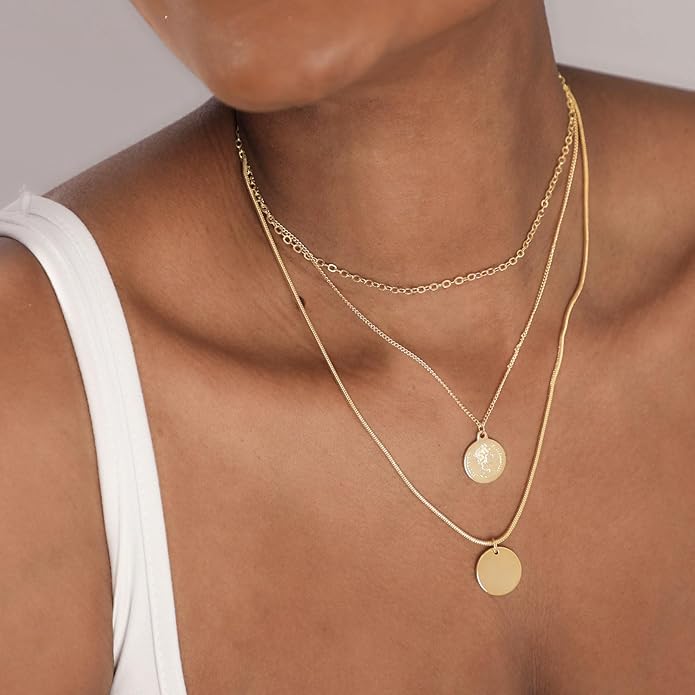 ASCOMY Layered Necklaces for Women Dainty Gold Necklace 14K Gold Plated Herringbone Necklace for Women Pearl Cross Necklace Paperclip Cuban Figaro Rope Satellite Chain Gold Choker Trendy Jewelry Gift