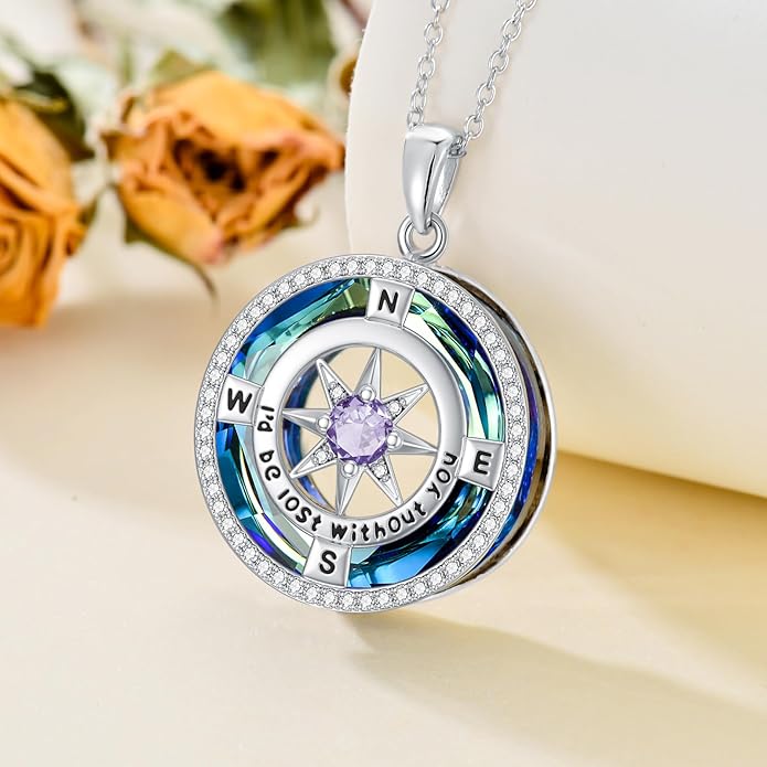 TOUPOP Compass Necklace for Women 925 Sterling Silver I'd be Lost without You Compass Pendant Birthstone Necklaces Anniversary Jewelry Birthday Gift for Girlfriend Wife Graduation Gifts for Her Daugthter