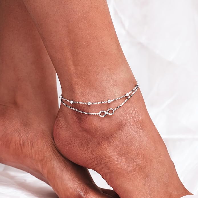 CHIC & ARTSY Womens Sterling Silver Created Opal Layered Anklet Bracelet Dainty Beaded Chain Adjustable 11" Best Friend Anklet