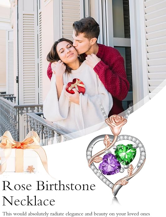 Jewelry for Her Double Heart Rose Birthstone Pendant Necklace Anniversary Jewelry Christmas Birthday Gifts for Women Wife Girlfriend