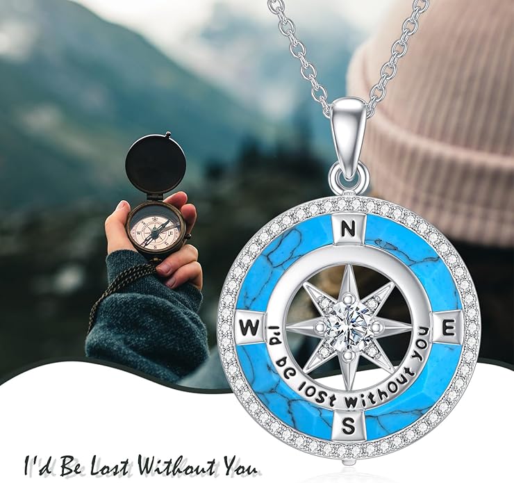 TOUPOP Compass Necklace for Women 925 Sterling Silver I'd be Lost without You Compass Pendant Birthstone Necklaces Anniversary Jewelry Birthday Gift for Girlfriend Wife Graduation Gifts for Her Daugthter