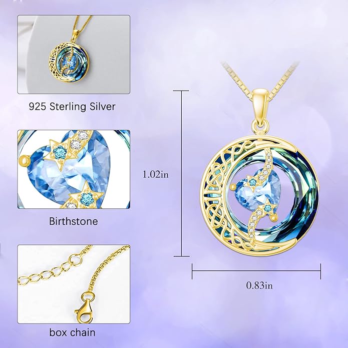 TOUPOP Birthstone Necklace 925 Sterling Silver Moon and Star Pendant with Blue Crystal Celtic Moon Jewelry Birthday Christmas Gifts for Women Mom Wife Her Daughter