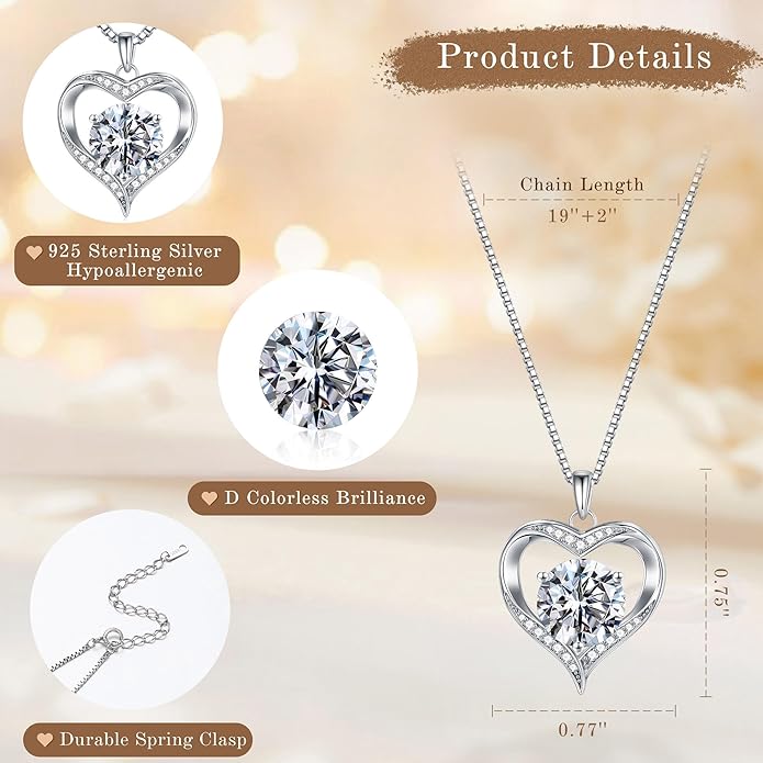 MOOSEA Moissanite Heart Pendant Necklaces for Women, 1-3ct D Color VVS1 925 Sterling Silver Anniversary Birthday Gifts for Women Wife Girlfriend Jewelry Moissanite Necklace