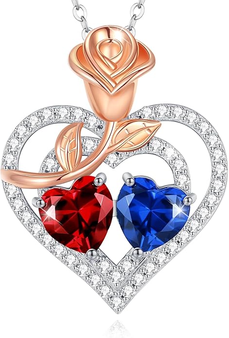 AGVANA Birthstone Necklace for Women Sterling Silver Rose Flower Heart Double Birthstone Jewelry Pendant Necklace Anniversary Birthday Gifts for Women Mom Wife Girlfriend Her