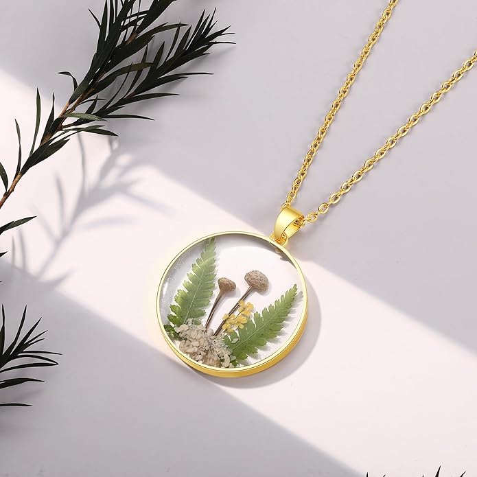 Forget-Me-Not and Queen Anne's Lace Pressed Wildflower Necklace | Birth Month Real Flower Necklace | Gold/Silver Pressed Flower Jewelry | Personalized Handmade Jewelry