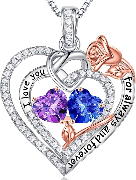 Iefil Rose Heart Necklace Gifts for Wife Women - 925 Sterling Silver Double Birthstone Necklace, Anniversary Birthday Gifts for Women, Jewelry Gift for Wife Girlfriend Mom Her