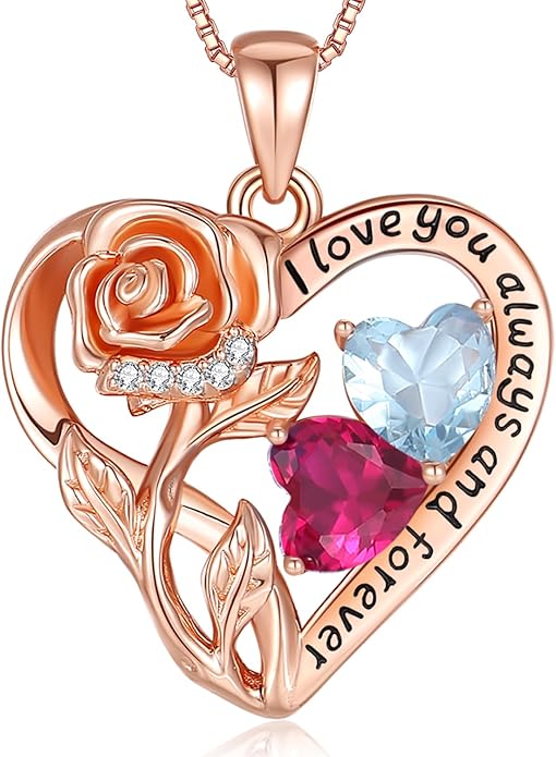 925 Sterling Silver Double Birthstone Rose Flower Heart Jewelry Necklaces for Women Anniversary Love Forever Necklaces for Her Birthday Gifts for Wife Girlfriend Mom Mothers Day Rose Gold