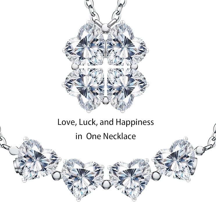 Luckylove 4-Leaf Clover & 4-Heart Smile 2-In-1 Necklace for Women, 4 x 1-0.5 ct Heartshape Moissanite, Sterling Silver Jewelry, Anniversary Birthday Christmas Valentines Day Gifts For Wife Girlfriend Her