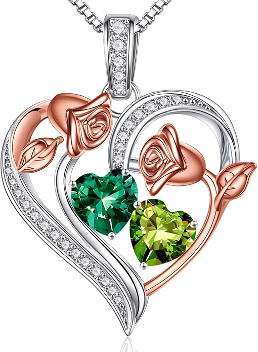 Iefil Birthstone Necklace for Women - 925 Sterling Silver Rose Heart Necklace, Birthstone Jewelry, Anniversary Birthday Gifts for Wife Girlfriend Mom Daughter