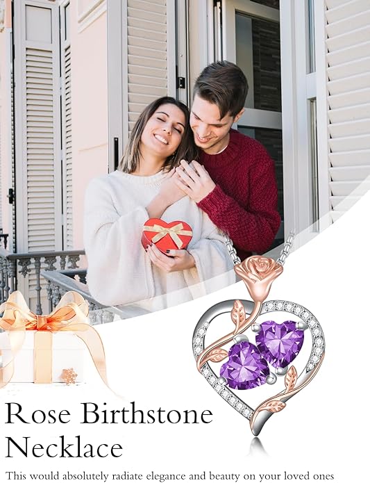 Jewelry for Her Double Heart Rose Birthstone Pendant Necklace Anniversary Jewelry Christmas Birthday Gifts for Women Wife Girlfriend