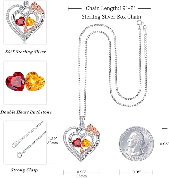 Iefil Rose Heart Necklace Gifts for Wife Women - 925 Sterling Silver Double Birthstone Necklace, Anniversary Birthday Gifts for Women, Jewelry Gift for Wife Girlfriend Mom Her