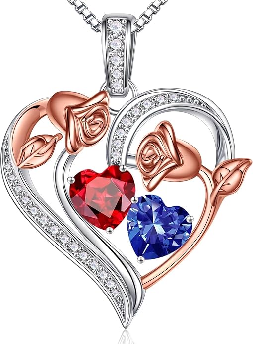 Iefil Birthstone Necklace for Women - 925 Sterling Silver Rose Heart Necklace, Birthstone Jewelry, Anniversary Birthday Gifts for Wife Girlfriend Mom Daughter