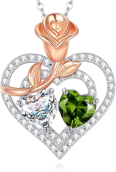 AGVANA Birthstone Necklace for Women Sterling Silver Rose Flower Heart Double Birthstone Jewelry Pendant Necklace Anniversary Birthday Gifts for Women Mom Wife Girlfriend Her