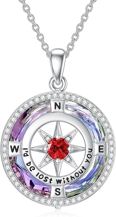 TOUPOP Compass Necklace for Women 925 Sterling Silver I'd be Lost without You Compass Pendant Birthstone Necklaces Anniversary Jewelry Birthday Gift for Girlfriend Wife Graduation Gifts for Her Daugthter
