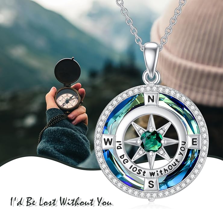 TOUPOP Compass Necklace for Women 925 Sterling Silver I'd be Lost without You Compass Pendant Birthstone Necklaces Anniversary Jewelry Birthday Gift for Girlfriend Wife Graduation Gifts for Her Daugthter