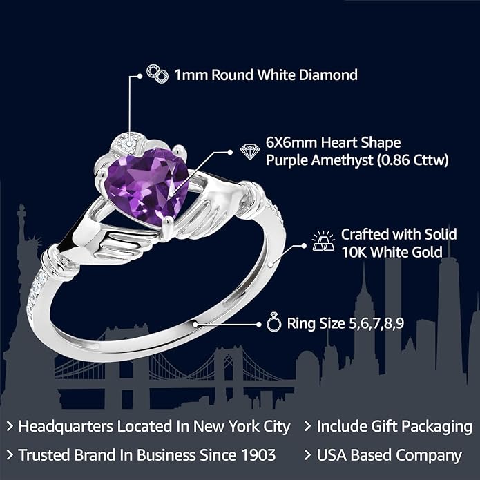Gem Stone King 10K White Gold 6MM Heart Shape Gemstone Birthstone and White Diamond Irish Celtic Claddagh Engagement Ring | Gold Ring For Women | Available In Size 5, 6, 7, 8, 9