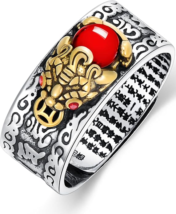 Seiyang Feng Shui Ring 925 Stering Silver Pixiu Mantra Ring Protection Wealth Adjustable Rings Gift for Men Women (with Gift Box)