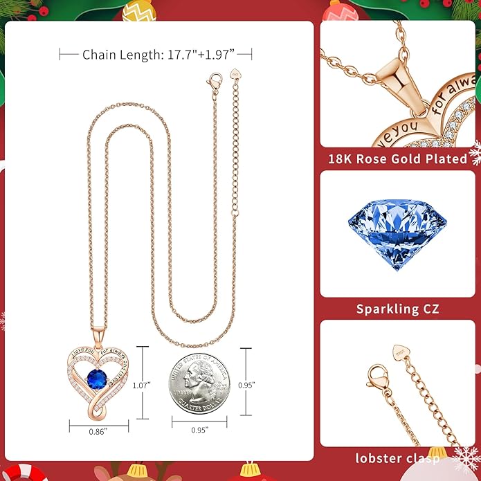 Infinity Heart Birthstone Necklace for Women Wife 18K Rose Gold Plated,Anniversary for Women Wife Her Birthday Gift for Girlfriend Mom Daughters, I Love You Women's Jewelry