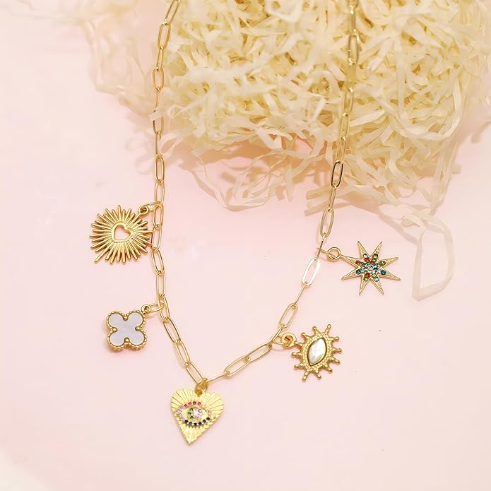 Chunky Retro Heart Necklace for Women Antique Layer Beach Ocean Moon Stars Western Boho Charm Necklaces Retro Link Chain Jewelry