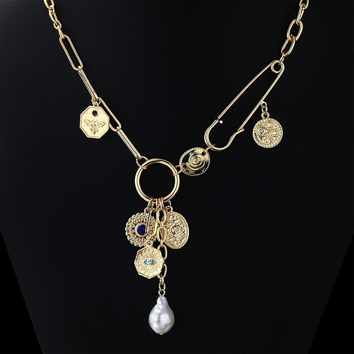 Charm Necklace for Women Gold Evil Eye Sun Moon Flower Coin Pendant Necklace Dainty Paperclip Chain Vintage Luck Amulet Choker Necklaces Celestial Jewelry Gift