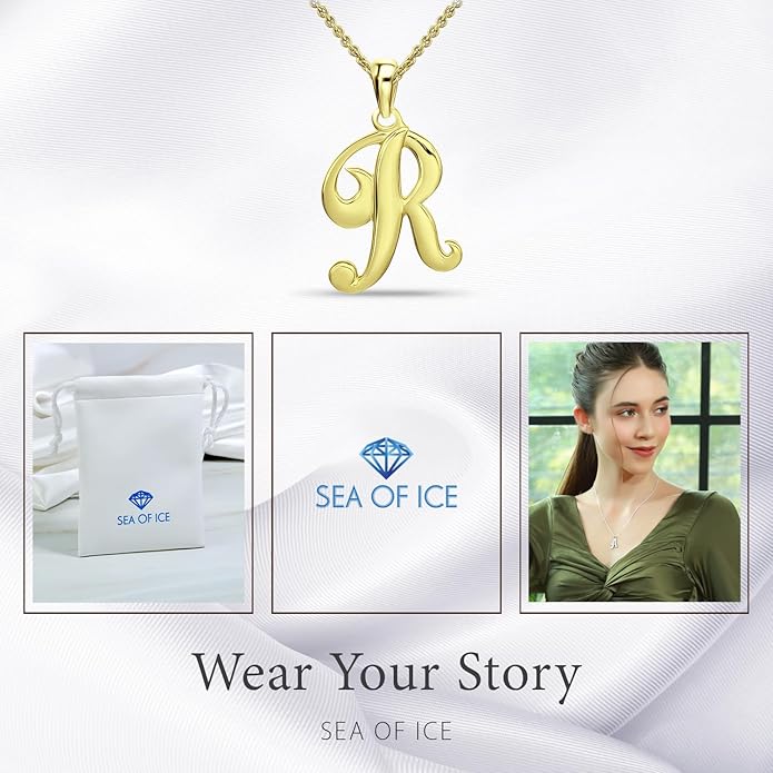 SEA OF ICE Letter Initial Necklace, Alphabet Letter Pendant Necklace, Sterling Silver, Gold, Rose Gold Necklace for Women, Elegant Initial Necklaces, Personalized Custom Women's Necklaces