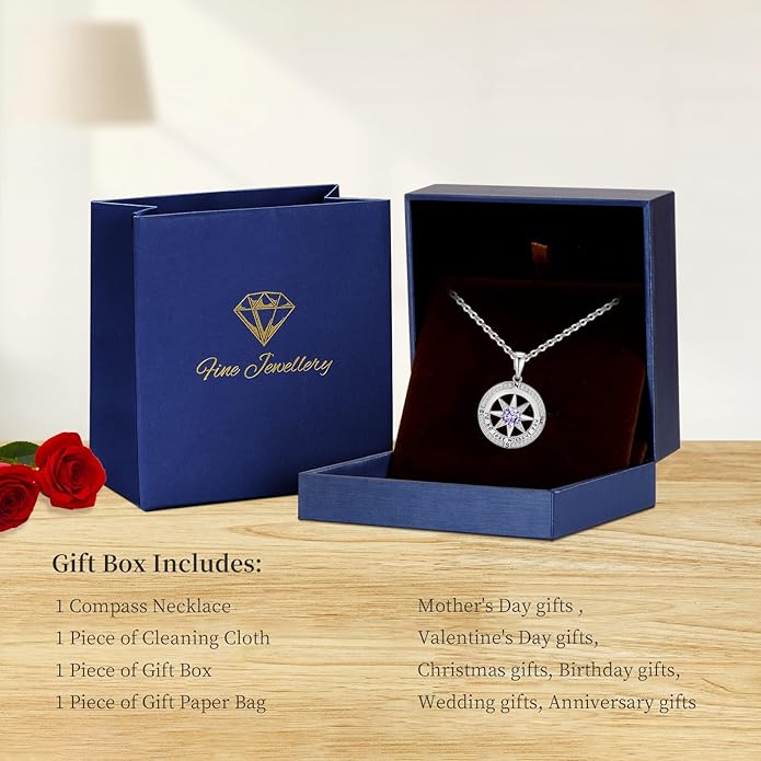 Peeshow Gifts for Women Wife-Compass Birthstone Necklace Gift for Wife Birthday Wedding Anniversary Women Jewelry for Her Girlfriend S925 Sterling Silver