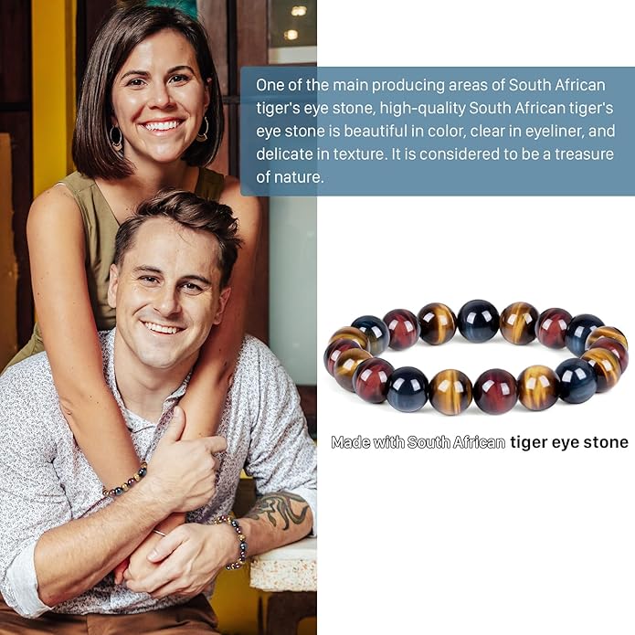 Tiger Eye Bracelet,Relax Anxiety Crystal Beaded Triple Protection Jewelry Bead Stone Chakra Gemstones Bracelets for women men