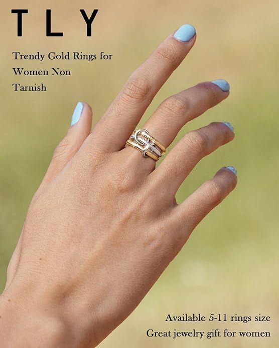 TLY Stackable Gold Rings for Women Non Tarnish 18K Gold Plated Interlocking Ring Stack Set Gold Silver Mixed Metal Statement Rings Dainty Cubic Zirconia CZ Fashion Connected Band Thumb Ring Size 4-11 Jewelry Gift for Women