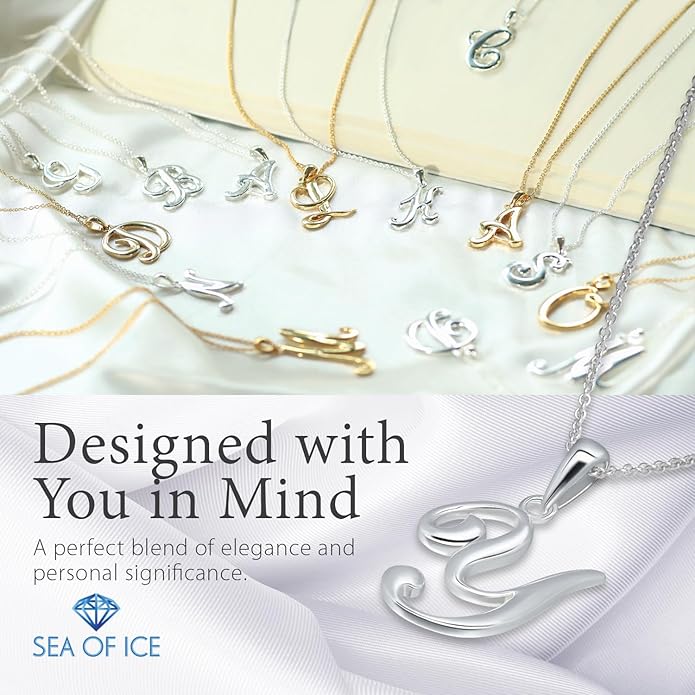 SEA OF ICE Letter Initial Necklace, Alphabet Letter Pendant Necklace, Sterling Silver, Gold, Rose Gold Necklace for Women, Elegant Initial Necklaces, Personalized Custom Women's Necklaces