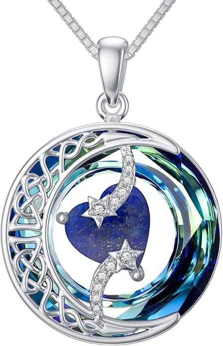 TOUPOP Birthstone Necklace 925 Sterling Silver Moon and Star Pendant with Blue Crystal Celtic Moon Jewelry Birthday Christmas Gifts for Women Mom Wife Her Daughter