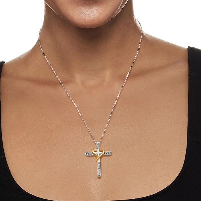 Jewelili Cross Heart Necklace Pendant in Yellow Gold or Rose Gold over Sterling Silver with 1/10 CTTW Natural White Round Diamonds and 18 inch Rope Chain