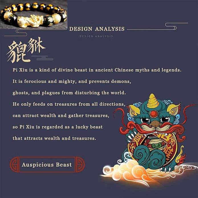 Feng Shui Bracelet 24K Gold Plated PiXiu, Colored Eyes Obsidian Dragon Protection Bracelet Meditation Decompression Prayer Beads Lucky Wealth Bracelets for Men Women(12mm)