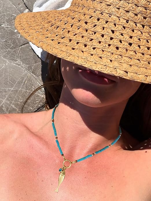 CLASSYZINT Gold Fish Necklace Blue Bead Necklace Boho Ocean Necklace Summer Jewelry for Women