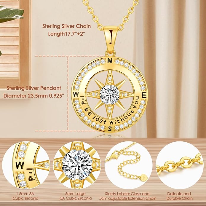 Compass Necklace Gifts for Women wife - S925 Sterling Silver Birthstone Necklaces for Women - Anniversary Birthday Gifts for Her Wife Girlfriend - Valentines Mom Mothers Day Christmas Gifts Jewelry for Women