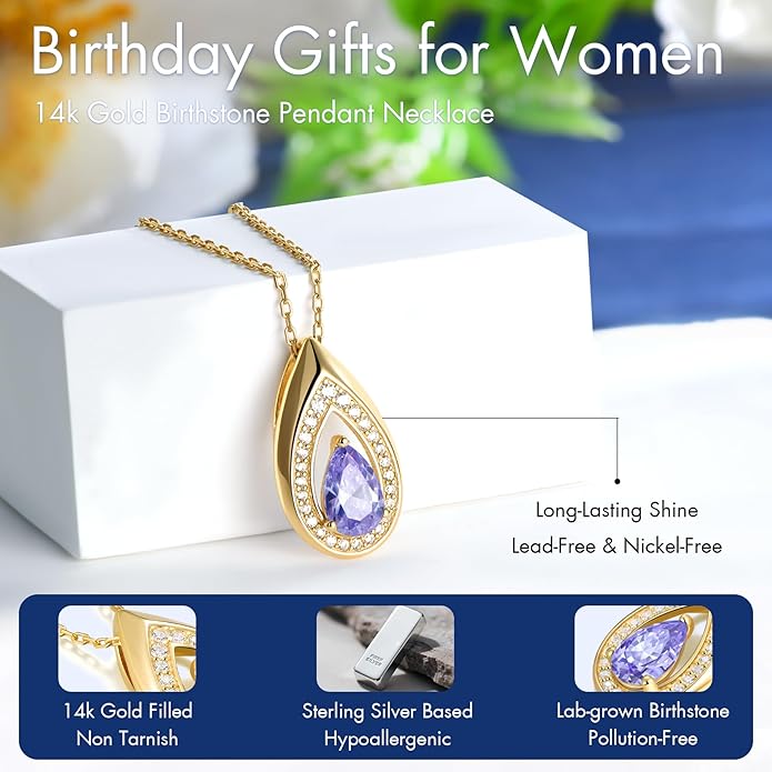 Kstyle 14K Gold Lab-Grown Moissanite/Emerald/Birthstone Pendant Necklaces for Women, Wife Girlfriend Daughter Mom Grandma Gifts, Dainty Birthday Jewelry for Her (925 Sterling Silver Base) Non Tarnish