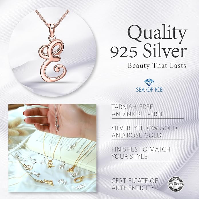 SEA OF ICE Letter Initial Necklace, Alphabet Letter Pendant Necklace, Sterling Silver, Gold, Rose Gold Necklace for Women, Elegant Initial Necklaces, Personalized Custom Women's Necklaces