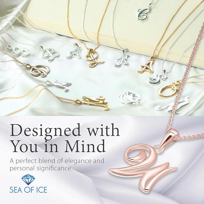 SEA OF ICE Letter Initial Necklace, Alphabet Letter Pendant Necklace, Sterling Silver, Gold, Rose Gold Necklace for Women, Elegant Initial Necklaces, Personalized Custom Women's Necklaces