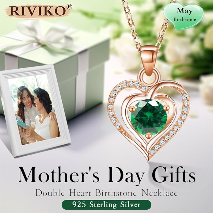 RIVIKO Heart Birthstone Pendant Necklace for Women 925 Sterling Silver Zirconia Necklaces Wedding Anniversary Birthday Mothers Day Jewelry Gifts For Her Mother Wife