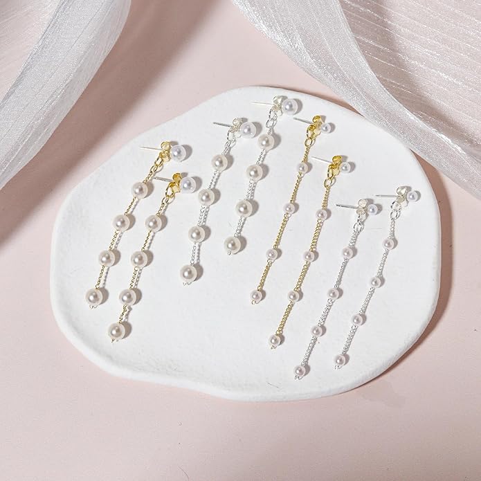Pearl Earrings，4mm 5mm 6mm Gold/Silver Dangle Earrings for Women White Long Drop Pearl Dangling Earrings Bridal Wedding Dainty Prom Earrings Birthday Gifts Jewelry