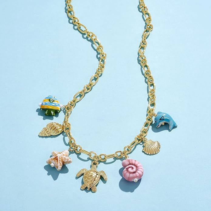 KissYan Charm Necklace for Women, 14K Gold Plated Heart Starfish Sun Pendant Fashion Link Chain Boho Summer Beach Jewelry Gifts