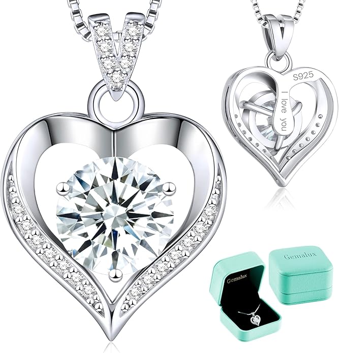Moissanite Heart Necklace for Women, Engraved 'I Love You', 925 Sterling Silver, 1-3 Carat D Color VVS1 Synthetic Diamond Heart Pendant, Birthday Anniversary Wedding Gift for Wife Girlfriend Mom