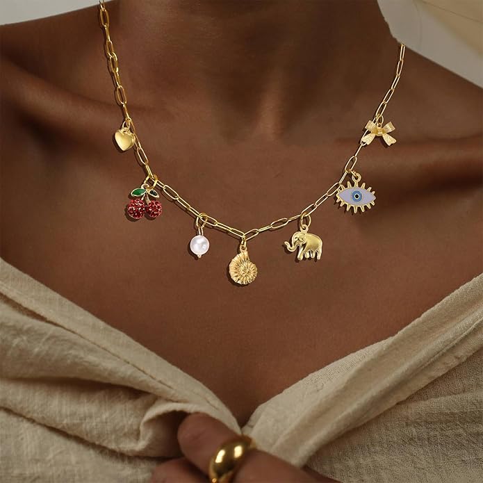 Choistily Charm Necklace Dainty Gold Western Outfit Beach Jewelry for Women Trendy Cowgirl Accessories for Women Gold Bow Sea Shell Pendant Necklace Preppy Stuff Summer Jewelry 2025