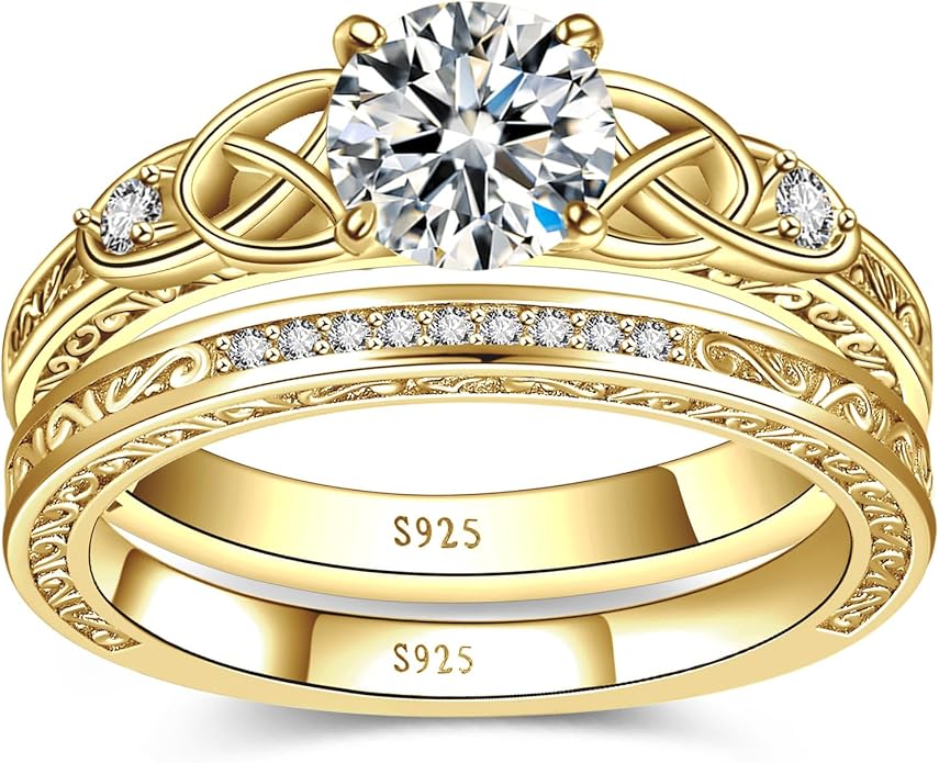 Vintage Celtic Knot Women's Engagement Ring Sets 925 Sterling Silver/14K Gold Plated Stackable Wedding Bands Rings AAAAA Cubic Zirconia Women Bridal Sets Wedding Ring Band Width 1.8mm Size 5-9
