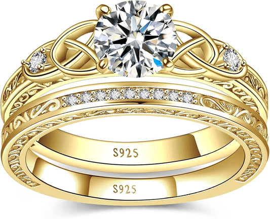 Vintage Celtic Knot Women's Engagement Ring Sets 925 Sterling Silver/14K Gold Plated Stackable Wedding Bands Rings AAAAA Cubic Zirconia Women Bridal Sets Wedding Ring Band Width 1.8mm Size 5-9
