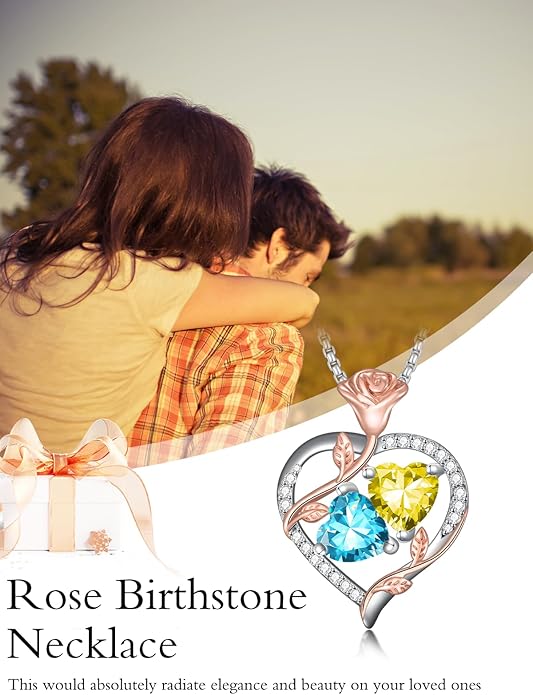Jewelry for Her Double Heart Rose Birthstone Pendant Necklace Anniversary Jewelry Christmas Birthday Gifts for Women Wife Girlfriend