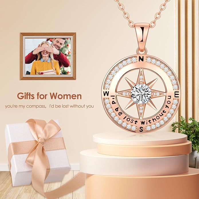 Compass Necklace Gifts for Women wife - S925 Sterling Silver Birthstone Necklaces for Women - Anniversary Birthday Gifts for Her Wife Girlfriend - Valentines Mom Mothers Day Christmas Gifts Jewelry for Women